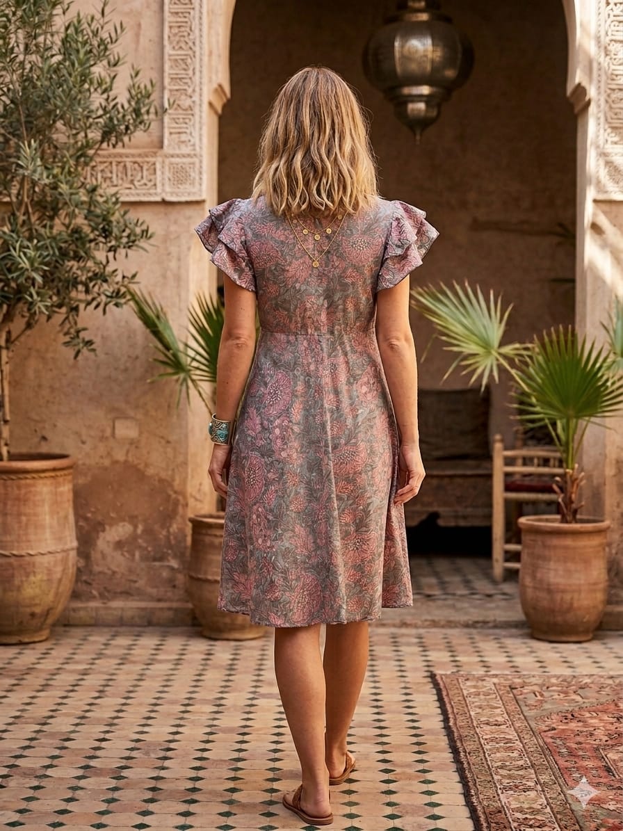Women’s Dusty Rose Floral Printed Chanderi Umbrella Style A-Line Dress with Drawstring Waist