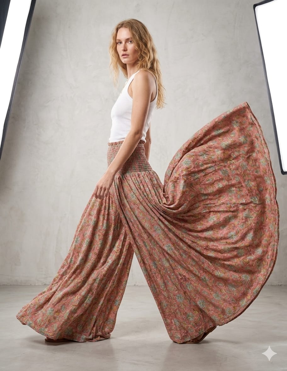 Elegant Dusty Rose Floral Printed Chanderi Flared Palazzo Pants with Smocked Waist