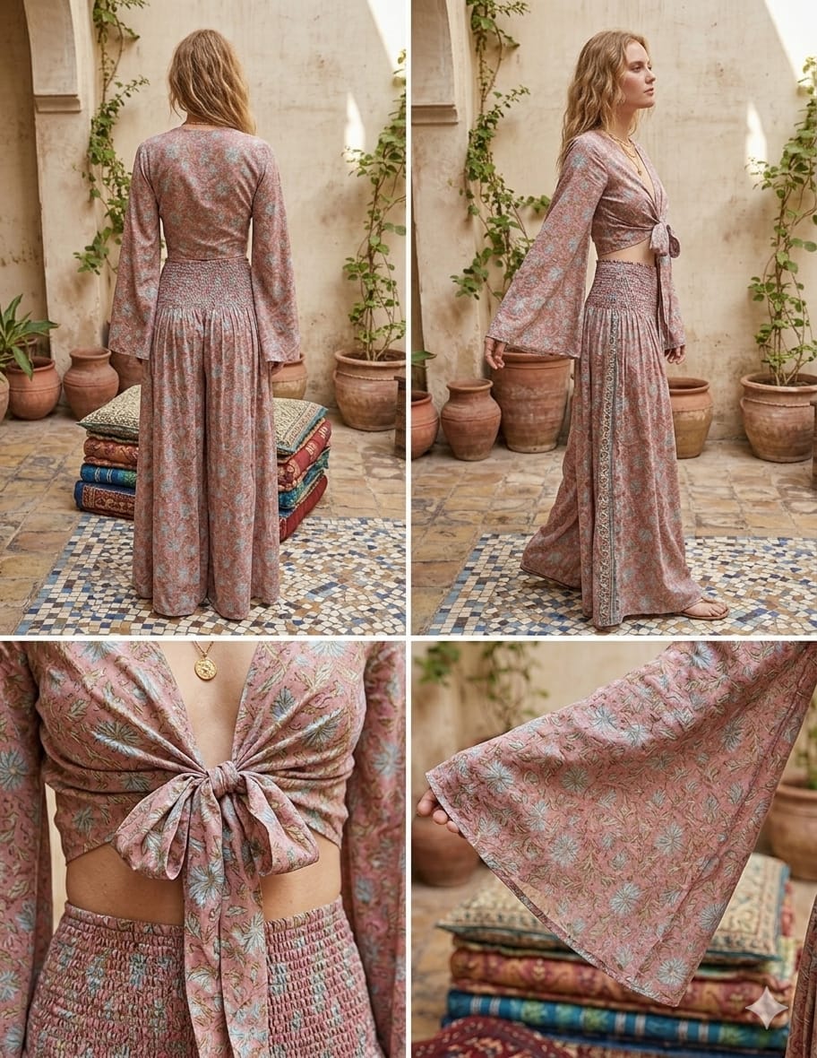 Women’s Dusty Rose Floral Printed Chanderi Tie-Front Crop Top & Flared Palazzo Pant Co-ord Set