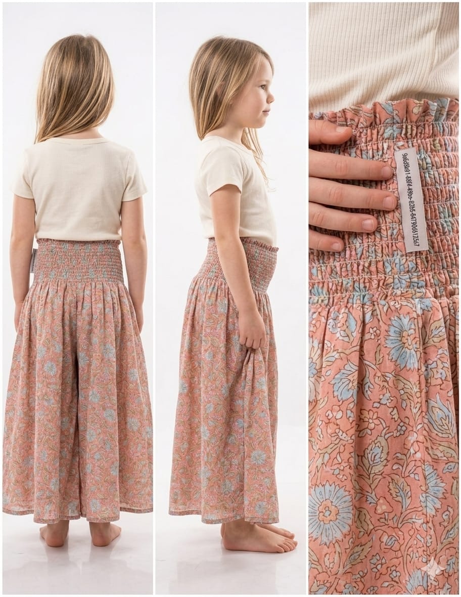 Baby Girl Dusty Rose Floral Printed Chanderi Flared Palazzo Pants with Smocked Waist
