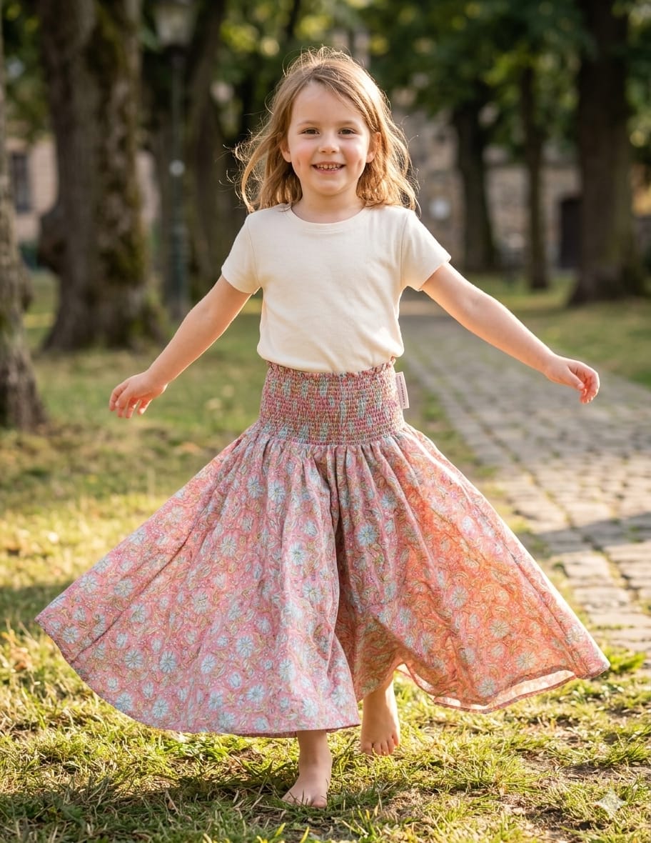 Baby Girl Dusty Rose Floral Printed Chanderi Flared Palazzo Pants with Smocked Waist