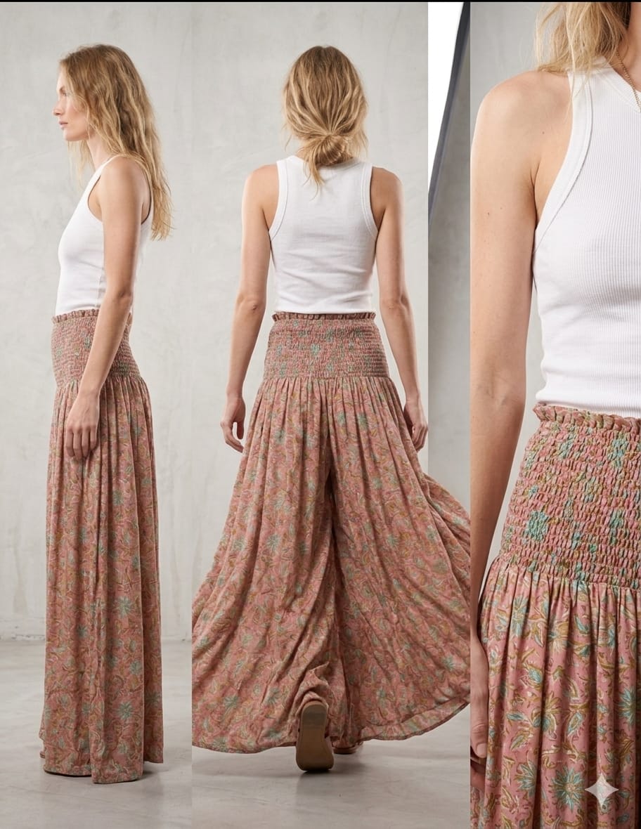Elegant Dusty Rose Floral Printed Chanderi Flared Palazzo Pants with Smocked Waist