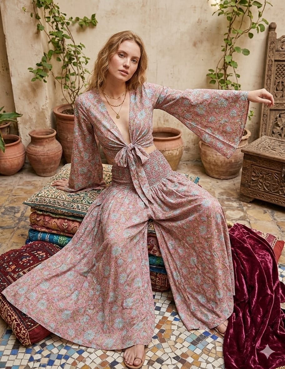 Women’s Dusty Rose Floral Printed Chanderi Tie-Front Crop Top & Flared Palazzo Pant Co-ord Set