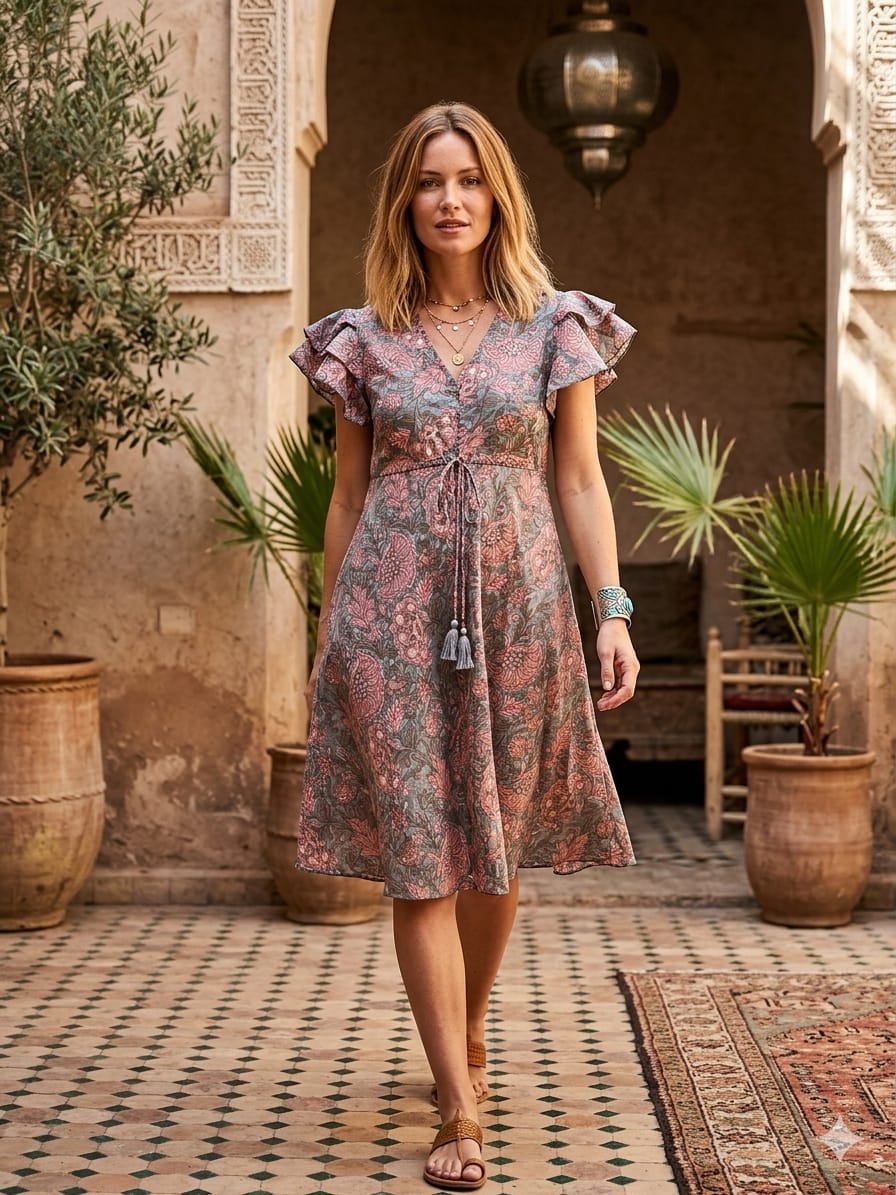 Mom & Me Dusty Rose Floral Printed Chanderi Umbrella Style A-Line Dress with Drawstring Waist