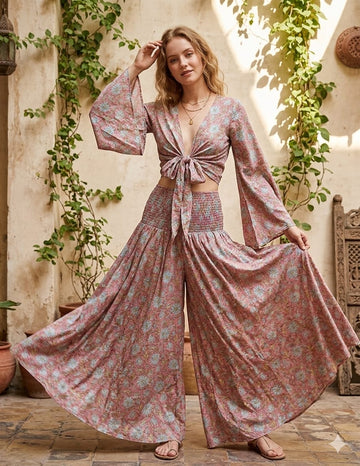 Women’s Dusty Rose Floral Printed Chanderi Tie-Front Crop Top & Flared Palazzo Pant Co-ord Set