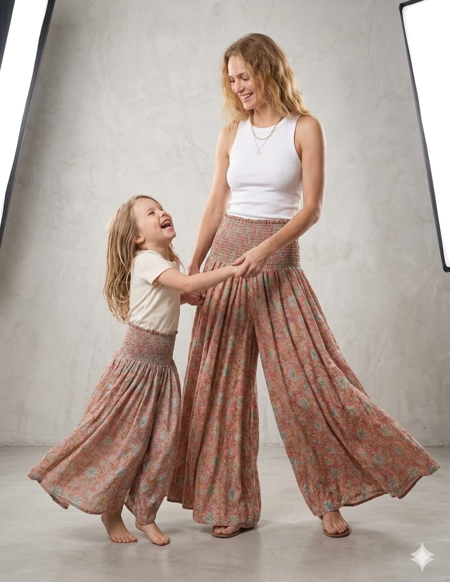 Mom & Daughter Dusty Rose Floral Printed Chanderi Flared Palazzo Pants with Smocked Waist