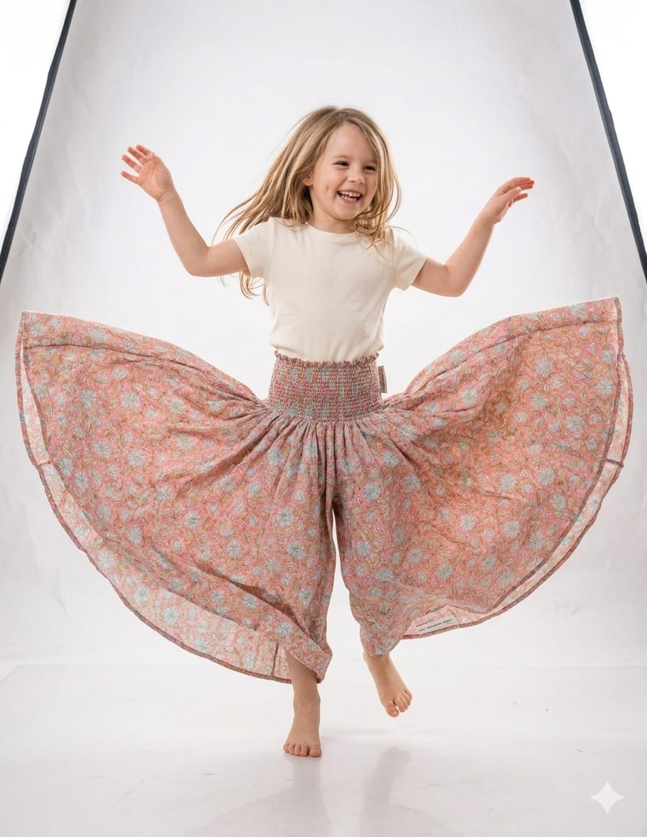 Baby Girl Dusty Rose Floral Printed Chanderi Flared Palazzo Pants with Smocked Waist