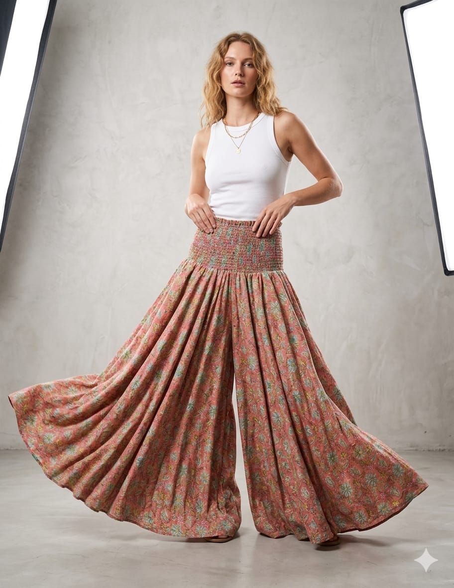 Elegant Dusty Rose Floral Printed Chanderi Flared Palazzo Pants with Smocked Waist