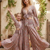 Mom & Me Dusty Rose Floral Printed Chanderi Tie-Front Crop Top & Flared Palazzo Pant Co-ord Set