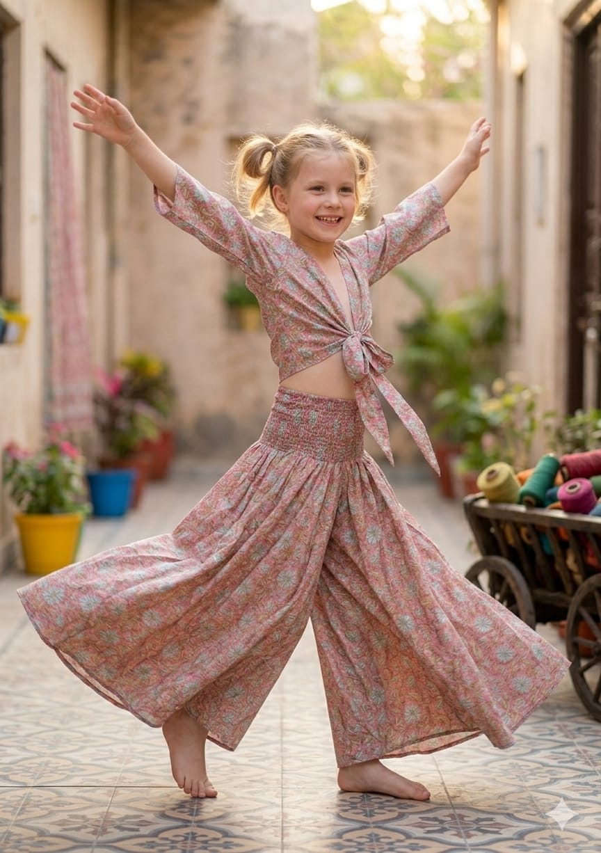 Baby Girls Dusty Rose Floral Printed Chanderi Tie-Front Crop Top & Flared Palazzo Pant Co-ord Set