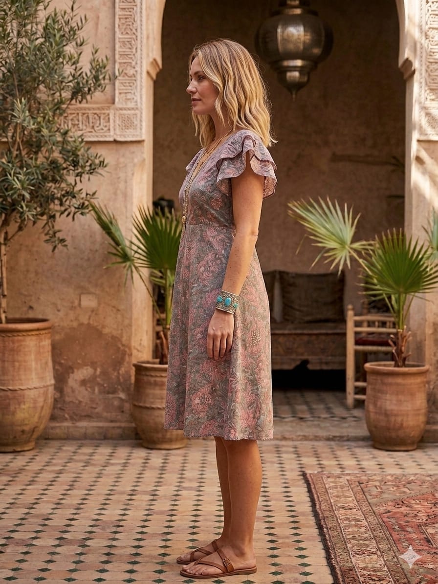 Mom & Me Dusty Rose Floral Printed Chanderi Umbrella Style A-Line Dress with Drawstring Waist