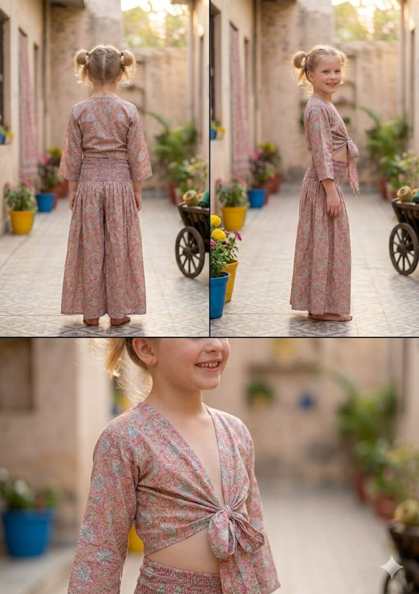 Baby Girls Dusty Rose Floral Printed Chanderi Tie-Front Crop Top & Flared Palazzo Pant Co-ord Set