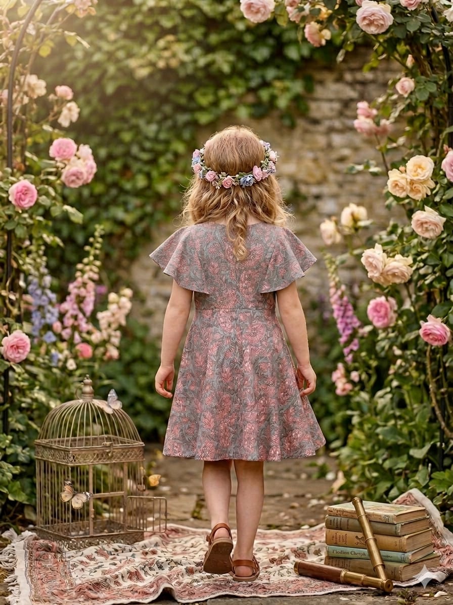 Baby Girls Dusty Rose Floral Printed Chanderi Umbrella Style A-Line Dress with Flutter Sleeves