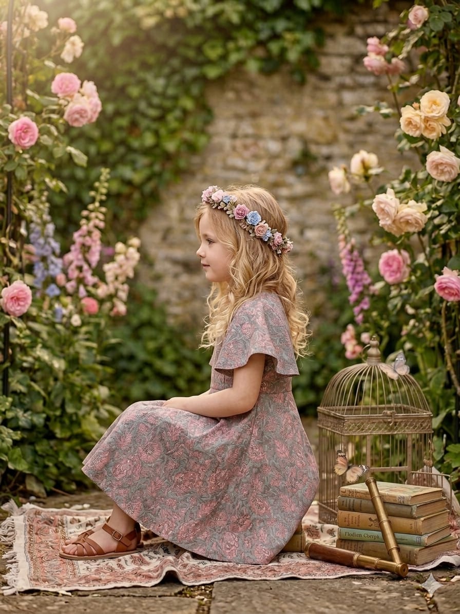 Mom & Me Dusty Rose Floral Printed Chanderi Umbrella Style A-Line Dress with Drawstring Waist