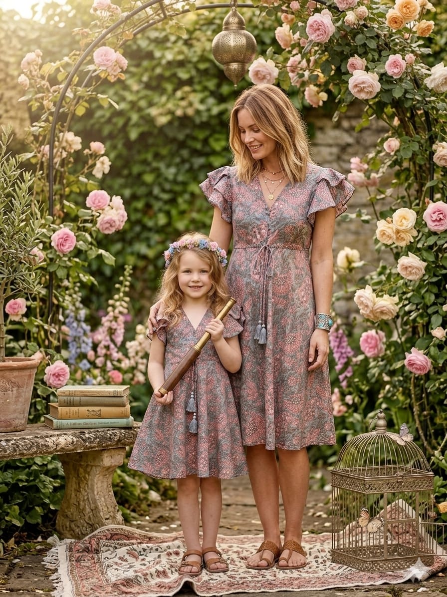 Mom & Me Dusty Rose Floral Printed Chanderi Umbrella Style A-Line Dress with Drawstring Waist