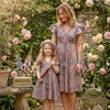 Mom & Me Dusty Rose Floral Printed Chanderi Umbrella Style A-Line Dress with Drawstring Waist