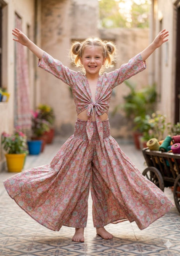Baby Girls Dusty Rose Floral Printed Chanderi Tie-Front Crop Top & Flared Palazzo Pant Co-ord Set