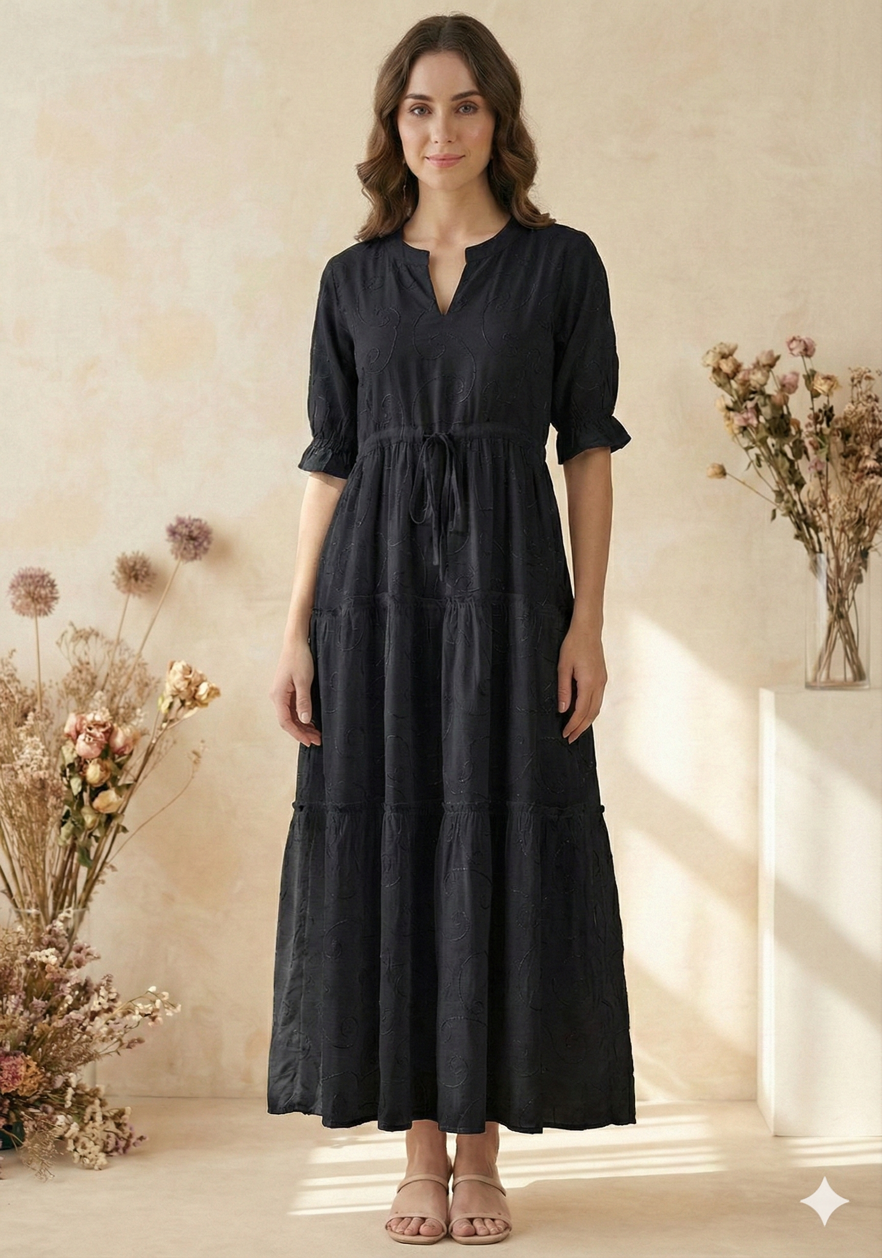 Women Black Cotton Embroidered Tiered Maxi Dress