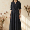 Women Black Cotton Embroidered Tiered Maxi Dress