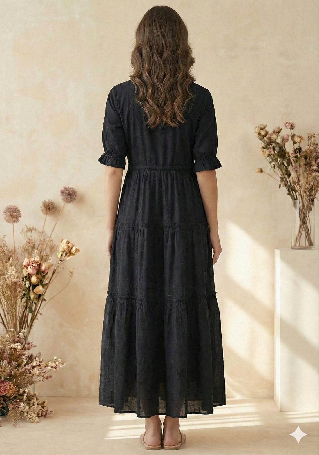 Women Black Cotton Embroidered Tiered Maxi Dress