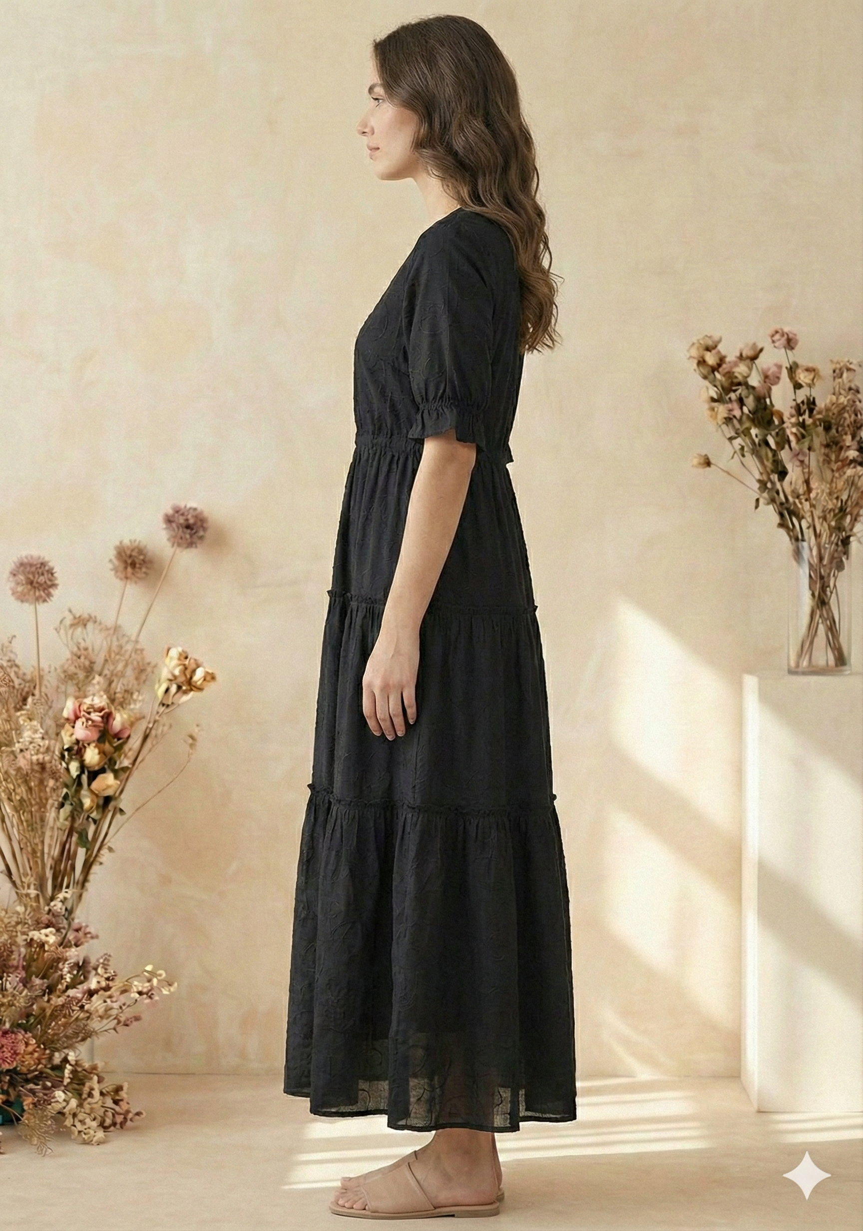 Women Black Cotton Embroidered Tiered Maxi Dress