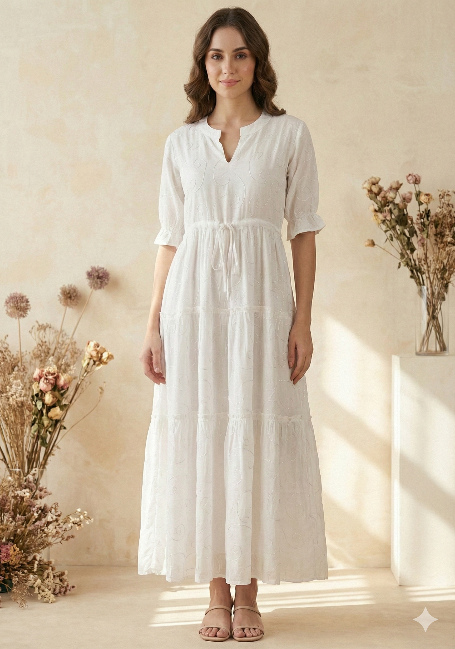 Women White Cotton Embroidered Tiered Maxi Dress