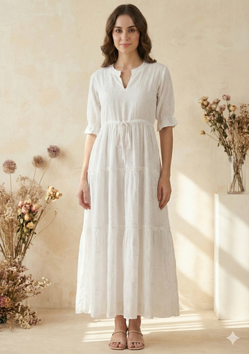 Women White Cotton Embroidered Tiered Maxi Dress