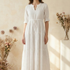 Women White Cotton Embroidered Tiered Maxi Dress