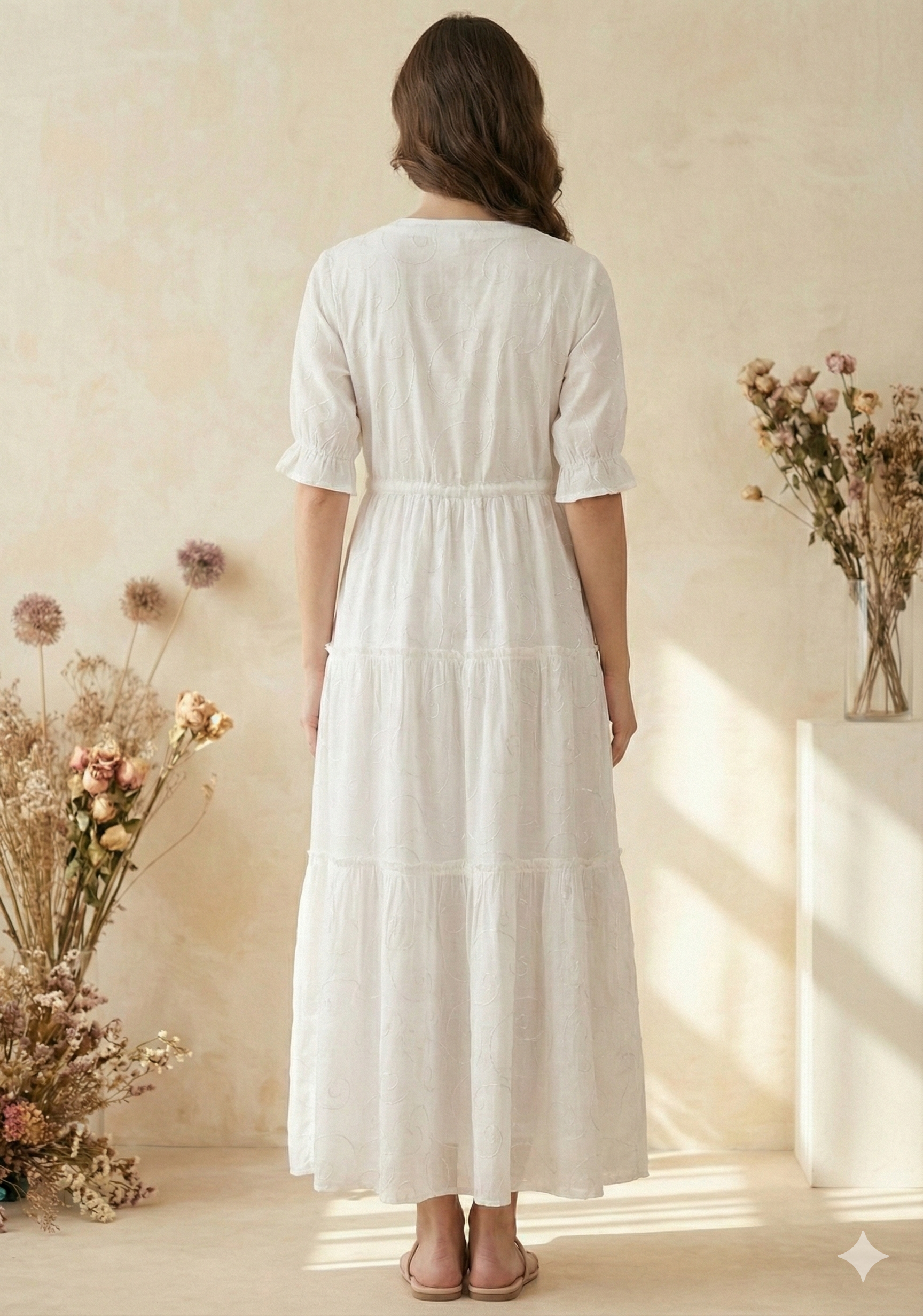 Women White Cotton Embroidered Tiered Maxi Dress