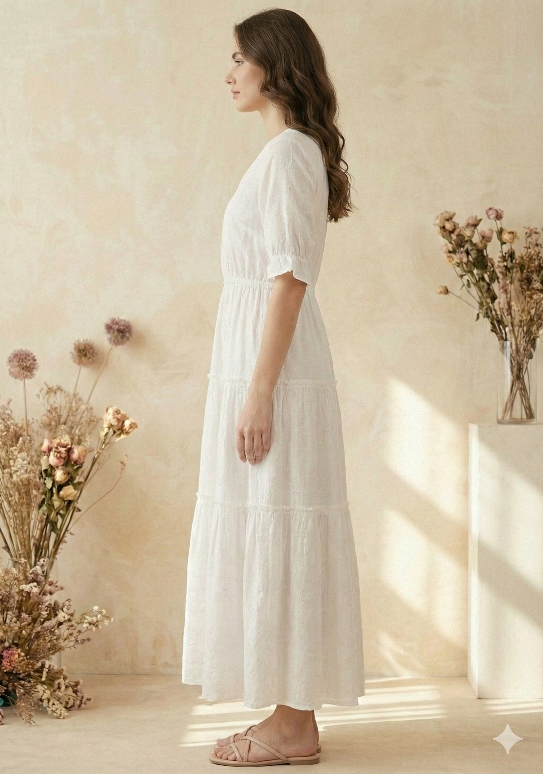 Women White Cotton Embroidered Tiered Maxi Dress