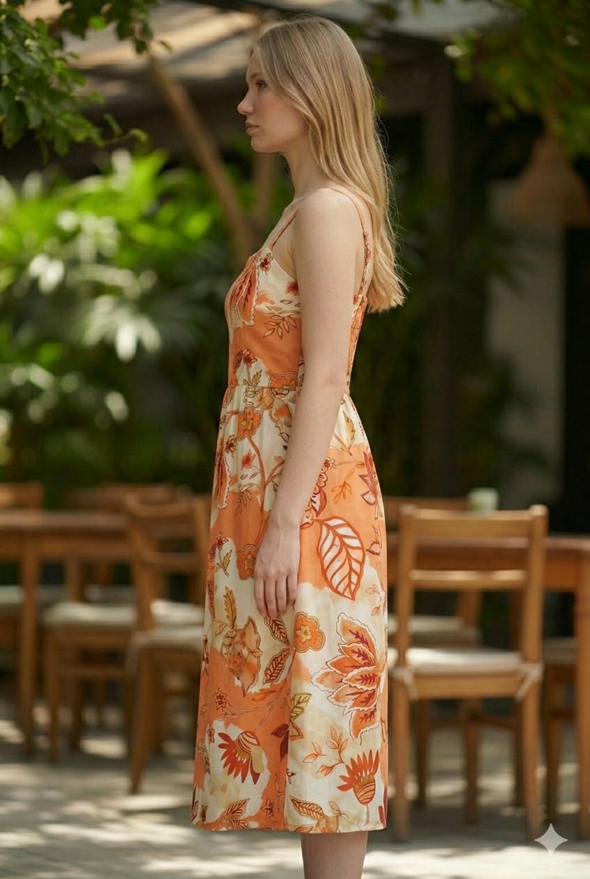 Women’s Cotton Orange Floral Printed Strappy Midi A-Line Dress with Back Bobbin Style