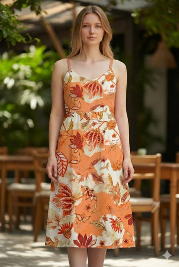 Women’s Cotton Orange Floral Printed Strappy Midi A-Line Dress with Back Bobbin Style