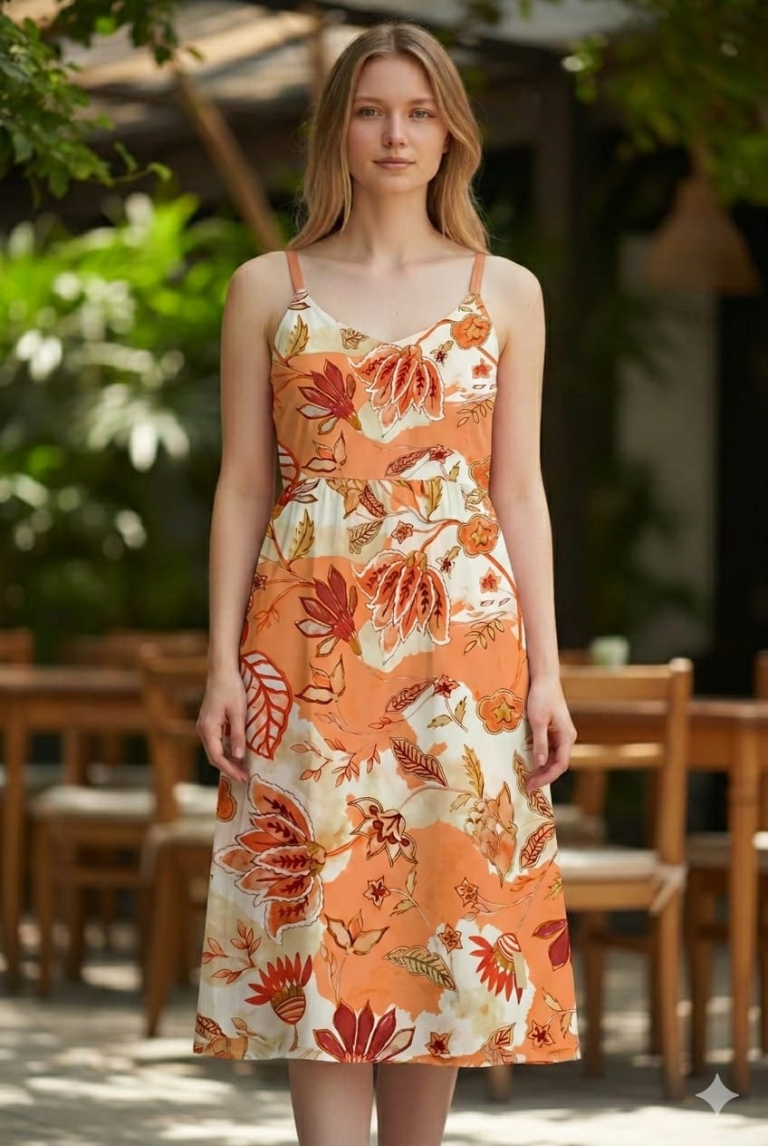Women’s Cotton Orange Floral Printed Strappy Midi A-Line Dress with Back Bobbin Style