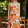Women’s Cotton Orange Floral Printed Strappy Midi A-Line Dress with Back Bobbin Style