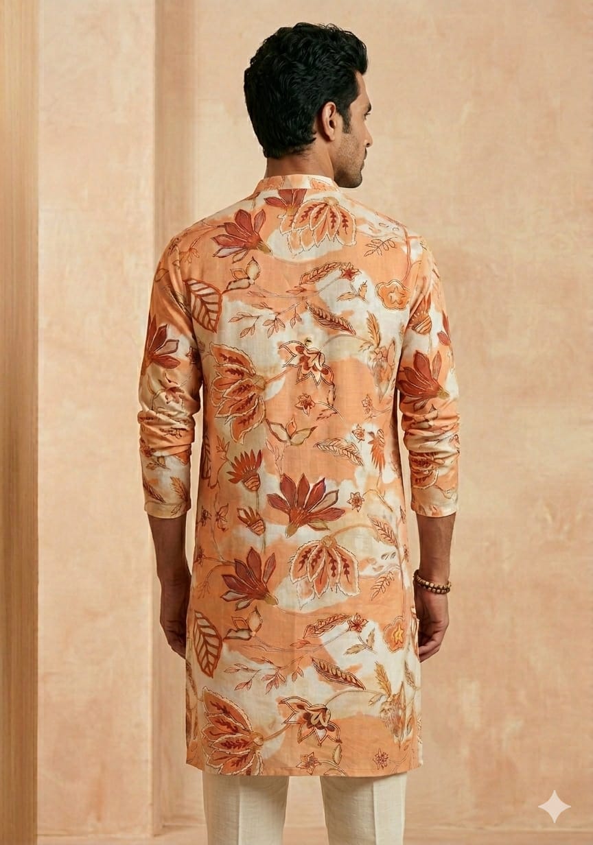 Men’s Cotton Orange Floral Printed Kurta For Wedding & Festival Outfit