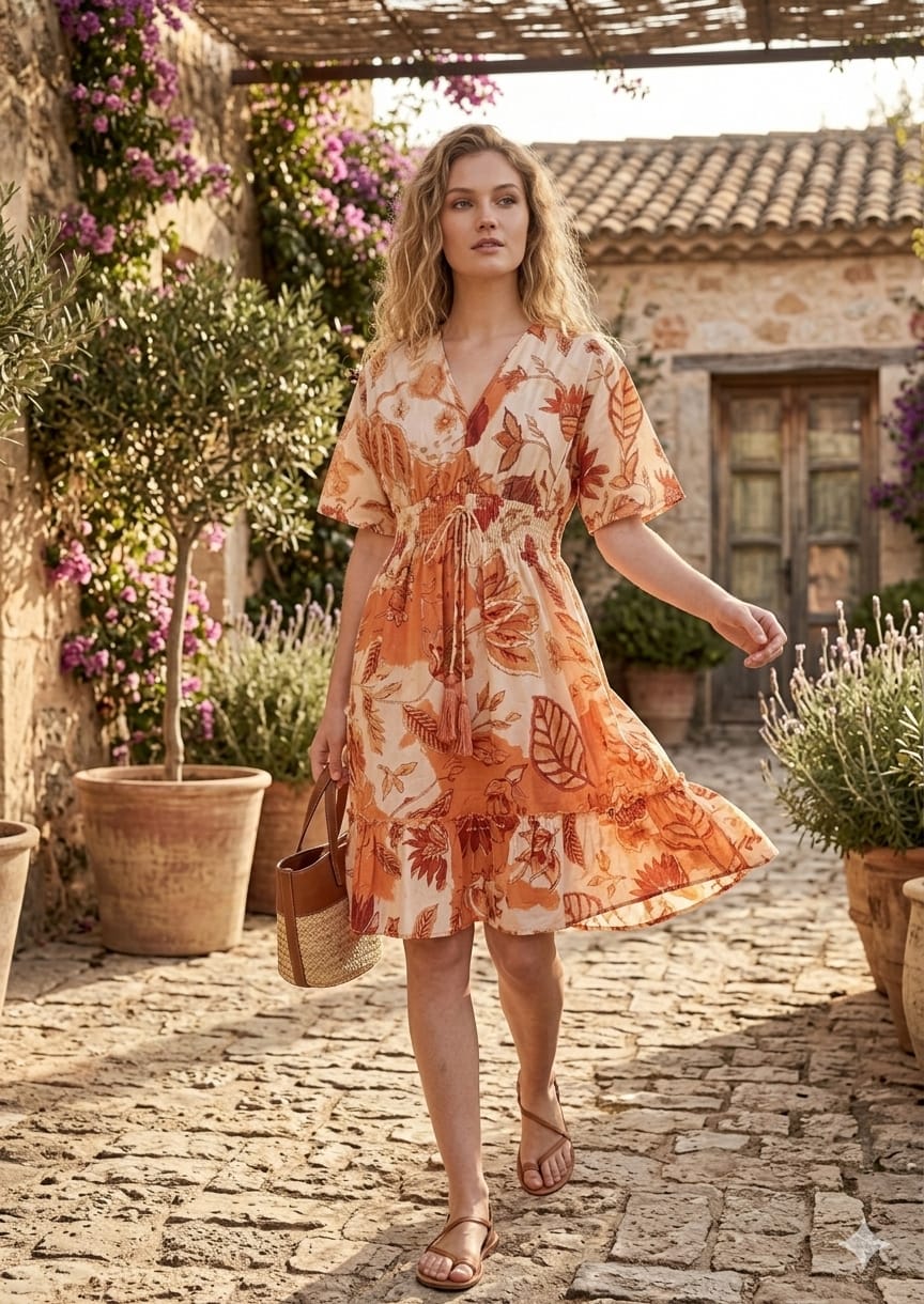 Mom & Me Orange Floral Printed Cotton Kaftan A-Line Dress