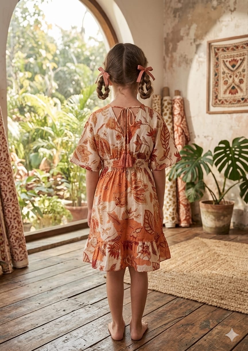 Baby Girls Orange Floral Printed Cotton Kaftan A-Line Dress