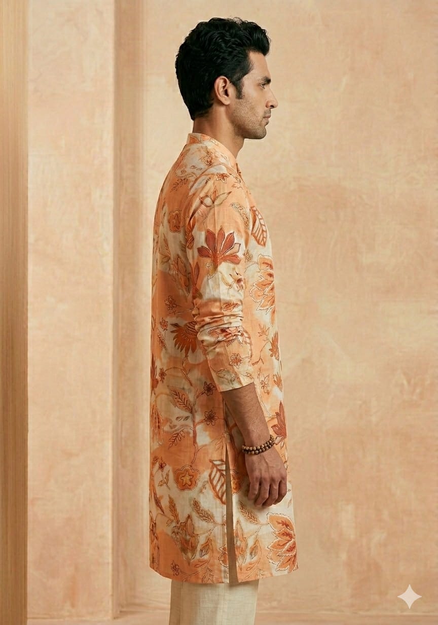 Men’s Cotton Orange Floral Printed Kurta For Wedding & Festival Outfit