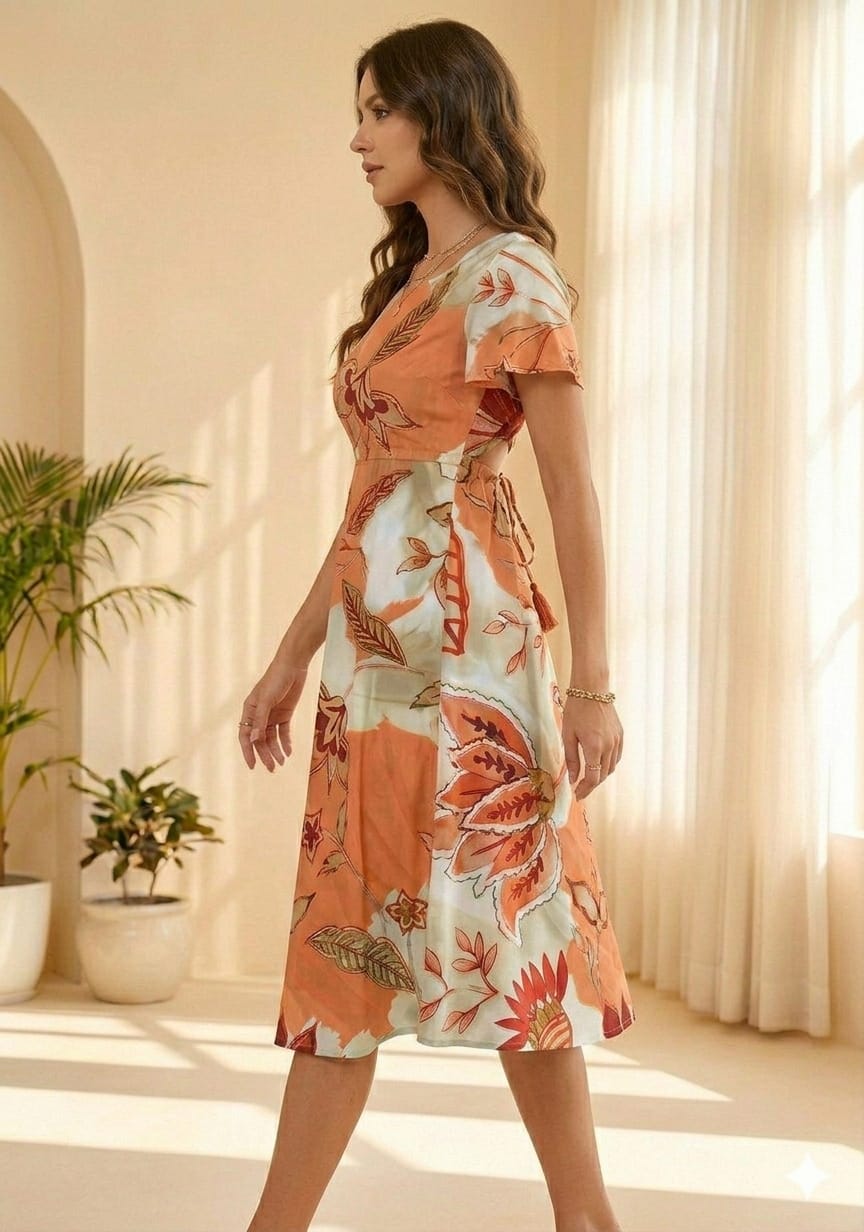 Women’s Cotton Orange Floral Printed Umbrella Style A-Line Dress