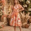 Women’s Orange Floral Printed Cotton Umbrella Style A-Line Dress with Drawstring Waist