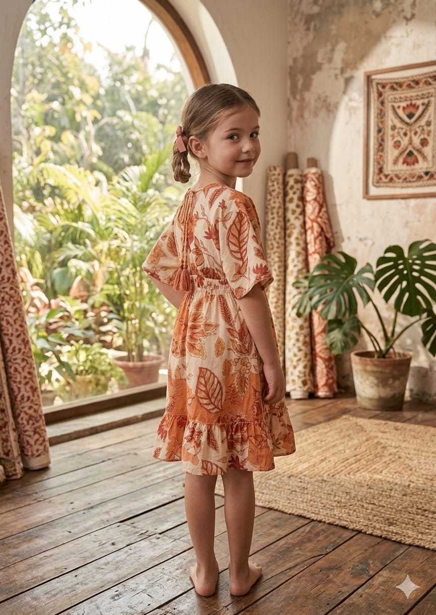Baby Girls Orange Floral Printed Cotton Kaftan A-Line Dress