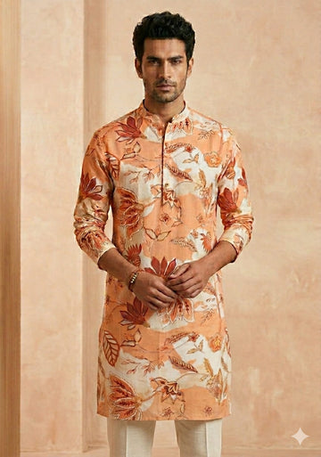 Men’s Cotton Orange Floral Printed Kurta For Wedding & Festival Outfit