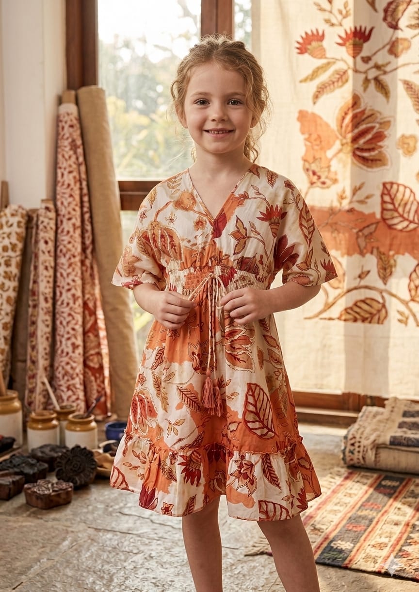 Baby Girls Orange Floral Printed Cotton Kaftan A-Line Dress