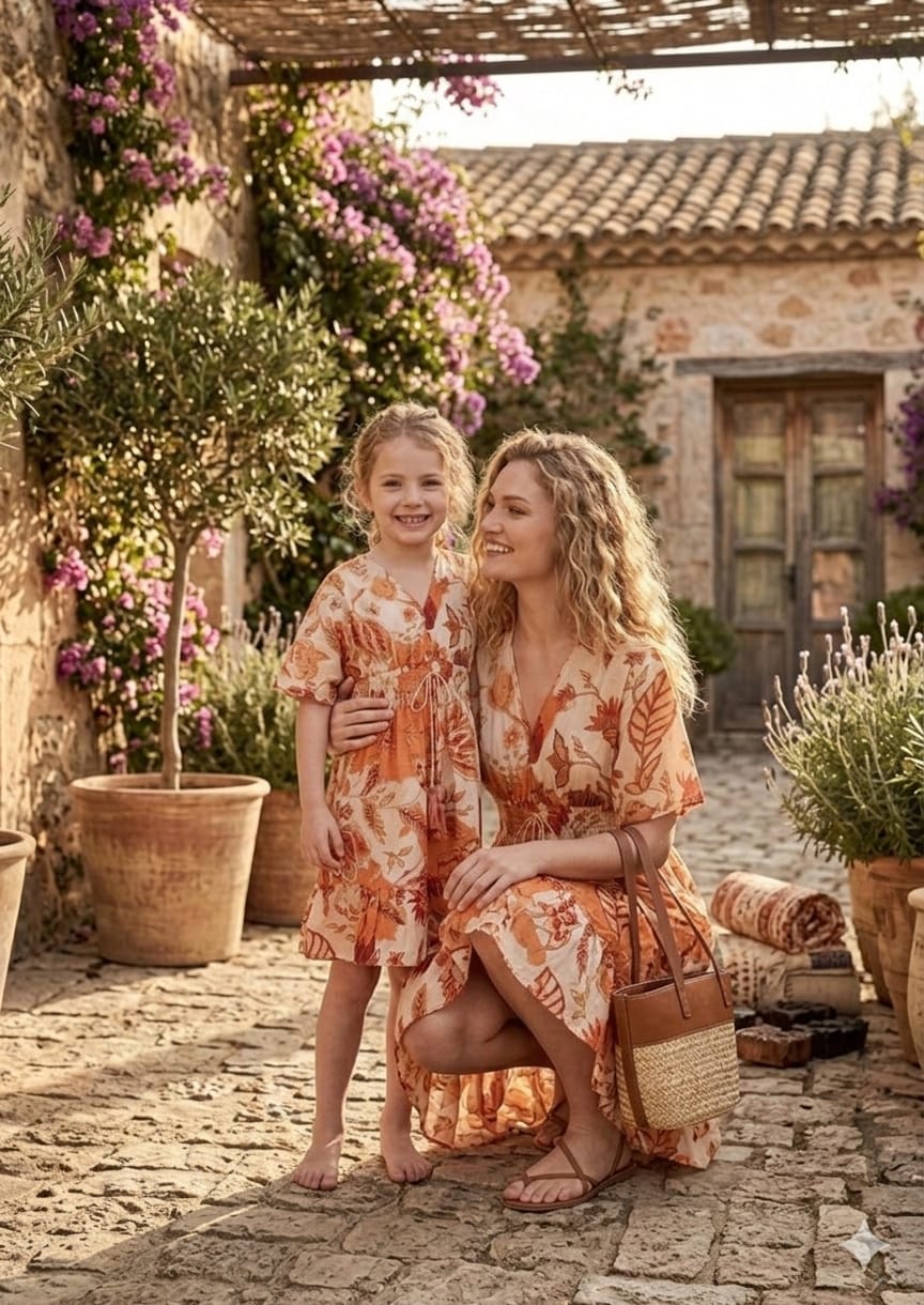 Mom & Me Orange Floral Printed Cotton Kaftan A-Line Dress