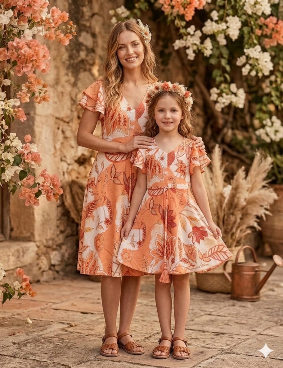 Mom & Me Orange Floral Printed Cotton Umbrella Style A-Line Dress with Drawstring Waist