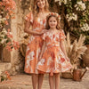 Mom & Me Orange Floral Printed Cotton Umbrella Style A-Line Dress with Drawstring Waist