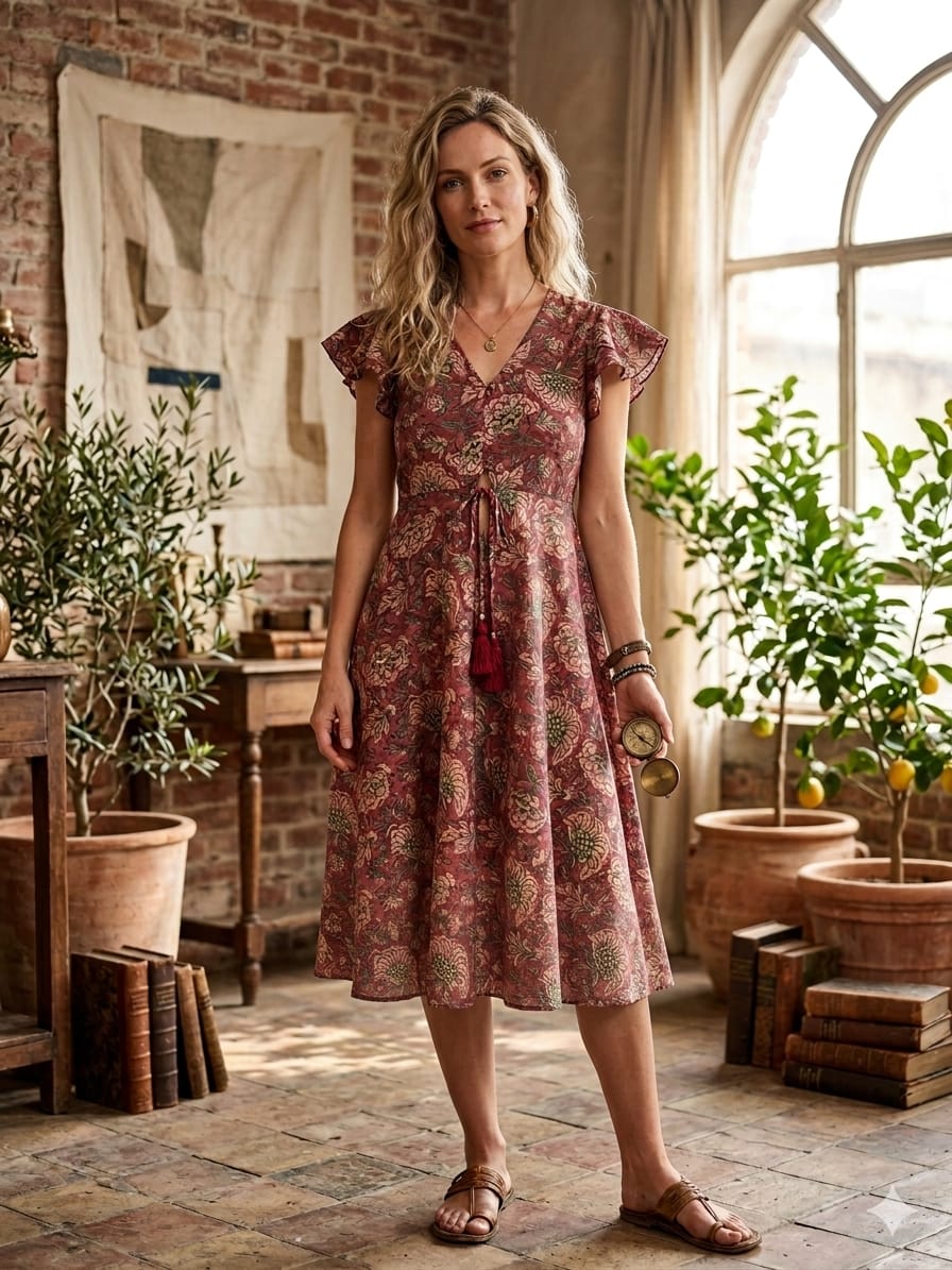 Women’s Majenta Floral Printed Chanderi Umbrella Style A-Line Dress with Drawstring Waist