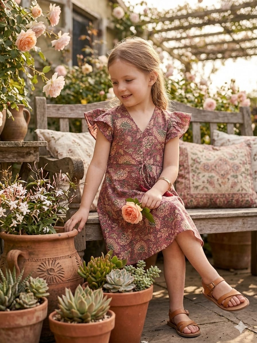 Mom & Me Majenta Floral Printed Chanderi Umbrella Style A-Line Dress with Drawstring Waist