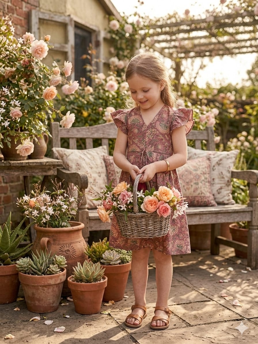 Baby Girls Majenta Floral Printed Chanderi Umbrella Style A-Line Dress with Flutter Sleeves