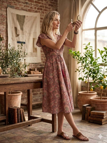 Women’s Majenta Floral Printed Chanderi Umbrella Style A-Line Dress with Drawstring Waist